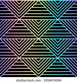 Abstract luxury seamless pattern with triangles and stripes. Repeat black and renbow foil wallpaper for backdrop, textile prints.