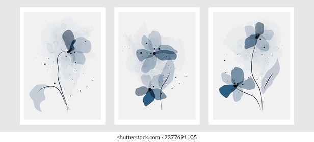 Abstract luxury set. Vector paintings with blue, cyan and indigo flowers, wildflowers and leaves, with a watercolor texture for wall decor, posters and wallpapers.	