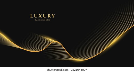 Abstract luxury with shining gold lines waves on black background. Futuristic background of flowing gold lines for banner, poster, cover, brochure, flyer, website