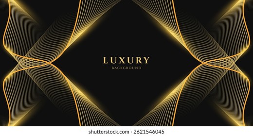 Abstrato luxo com linhas de ouro brilhantes ondas no fundo preto. Fundo futurista de linhas de ouro fluindo para banner, cartaz, capa, brochura, folheto, site