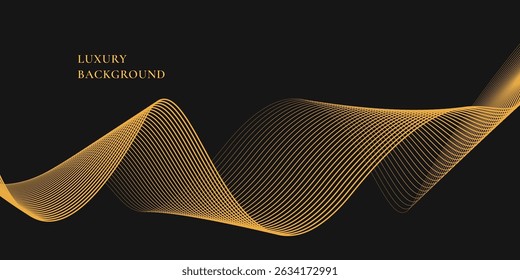 Abstract luxury with shining gold lines waves on black background. Futuristic background of flowing gold lines for banner, poster, cover, brochure, flyer, website		