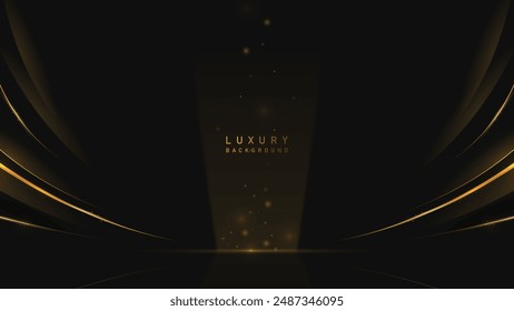 Abstract luxury shiny gold on black background. Lighting effect and sparkle glowing gold lighting. Luxury, premium, podium award vector design style