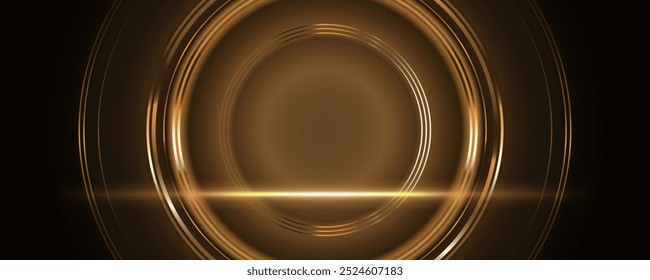 Abstrakter Luxus glänzenden goldenen Kreislinien Hintergrund, funkelnden Lichteffekt Burst auf Boden, Premium-Award-Vorlage Szenendesign. Vektorgrafik.