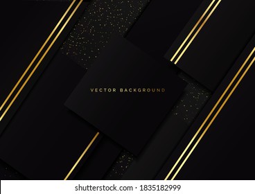 Abstract luxury square geometric overlap layer on black background with glitter and golden lines with copy space for text. Vector illustration