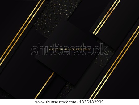 Abstract luxury square geometric overlap layer on black background with glitter and golden lines with copy space for text. Vector illustration