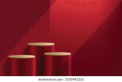 Abstract luxury stand pedestal podium 3D cylinder design. Minimal studio showroom concept presentation for products display, fashion showcase, banner cosmetic, promotion. Vector geometric forms
