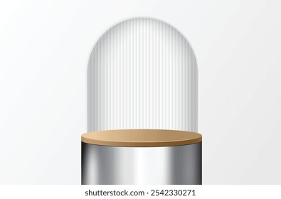 Abstract luxury stand pedestal podium 3D cylinder design. Minimal studio showroom concept presentation for products display, fashion showcase, banner cosmetic, promotion. Vector geometric forms

