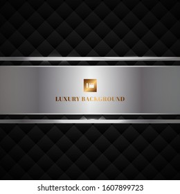 Abstract luxury style black geometric squares pattern design with dots lines grid on dark background with metallic silver tab space for your text. Luxurious texture. Carbon metallic surface. Vector