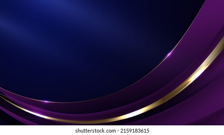 Abstract luxury template 3D purple and golden curved shapes layer with shine light on blue background. Vector illustration
