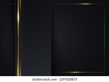 Abstract luxury template black stripes with gold lines frame and glitter on dark background. Vector illustration