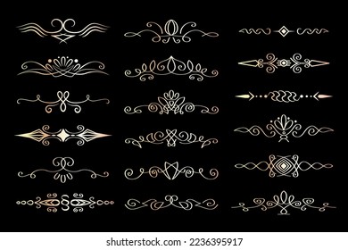 Abstract luxury text dividers, isolated on black background. Linear elegant ornaments, vintage design element collection. Dividers, paragraph separators, flourish, calligraphic style.