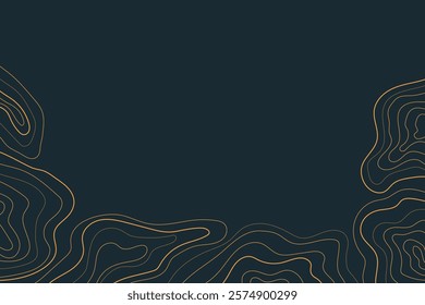 Abstract luxury topographic map background. Gold topographic lines on a dark blue background. Mountain geographic line waves backdrop for presentations, banners, flyers