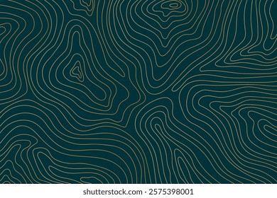 Abstract luxury topographic map background. Gold topographic lines on a dark blue background. Mountain geographic line waves backdrop for presentations, banners, flyers