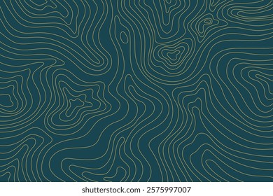 Abstract luxury topographic map background. Gold topographic lines on a dark blue background. Mountain geographic line waves backdrop for presentations, banners, flyers