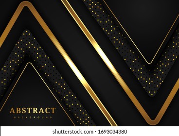Abstract luxury  triangle geometric overlap layer on black background with glitter and golden lines with copy space for text. Vector illustration