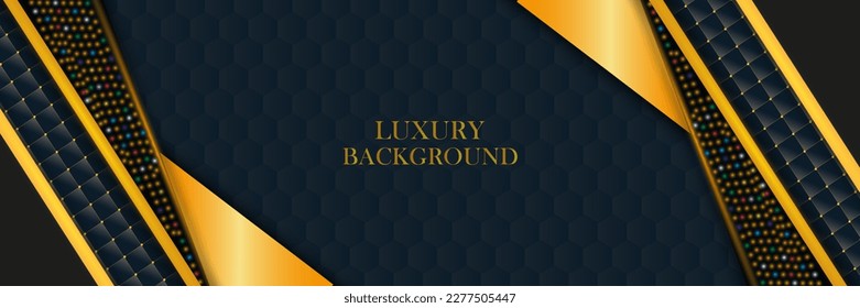 Abstract luxury triangles overlapping on a black background with a combination of glittering golden dots. Vector illustration