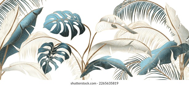 Abstract luxury tropical art background with palm leaves and monstera in gold and blue. Botanical banner for decor, print, textile, wallpaper, interior design. - Shutterstock ID 2265635819