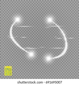 Abstract luxury vector light flare semicircle and spark light effect. Sparkling glowing violet round frame on transparent. Starlight moving background. Glow blurred space for message or logo. Vector