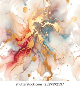 Abstract luxury Watercolor seamless marble pattern with flowing liquid lines, Splash, Splatter, Stain, Brush Strokes, Gold Glitter, Wet Effect On White Background. Modern Aquarelle repeat pattern.