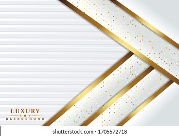 Abstract luxury white overlapping  layer on white background with glitter and golden lines glowing dots golden combinations with copy space for text. Vector illustration