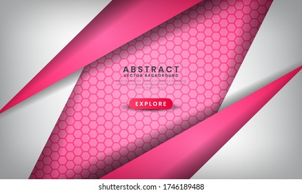 Abstract luxury white and pink background overlap layer on bright space with hexagon patterns decoration for cover, banner, brochure, landing page, or flyer elements.