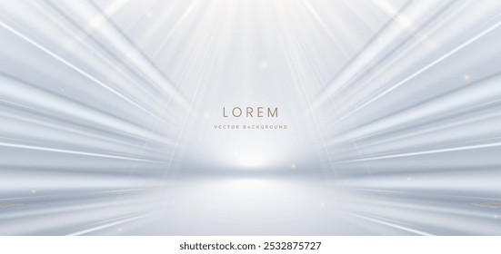 Abstract luxury white ray on grey background. with gold lighting effect sparkle. Frame for product design. Vector illustration