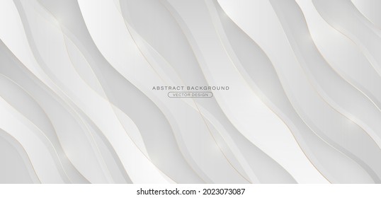 Resumen de fondo de olas de gradiente de color blanco plateado de lujo con líneas doradas. Moderno elemento de diseño de formas de onda de gradiente dinámico simple. Lujo y elegante concepto de telón de fondo con decoración en la sombra