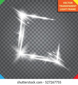 Abstract luxury white vector light flare spark light effect. Sparkling glowing square frame on transparent. Starlight moving background. Glow blurred space for message or logo. Vector illustration