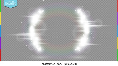 Abstract luxury white vector light flare semicircle and spark light effect. Glowing brackets frame on transparent. Rainbow moving background. Glow blurred quote space for message or logo