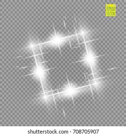 Abstract luxury white vector light flare spark light effect. Sparkling glowing square frame on transparent. Starlight moving background. Glow blurred space for message or logo. Vector illustration