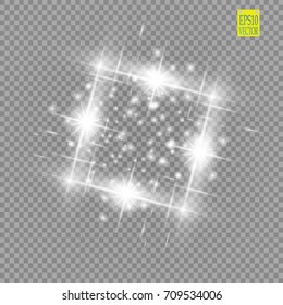Abstract luxury white vector light flare spark light effect. Sparkling glowing square frame on transparent. Starlight moving background. Glow blurred space for message or logo. Vector illustration
