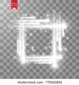 Abstract luxury white vector light flare spark light effect. Sparkling glowing square frame on transparent. Starlight moving background. Glow blurred space for message or logo. Vector illustration