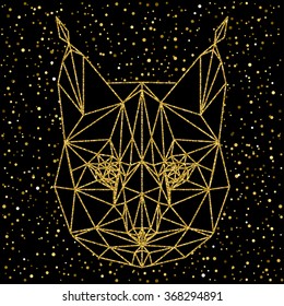 Abstract lynx. Golden sparkle glitter texture. Portrait drawn in one continuous line for use in design for card, invitation, poster, banner, placard, billboard cover