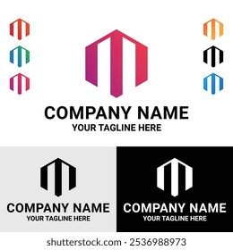 Abstract m letter geometric polygonal shape technology gradient color logo design