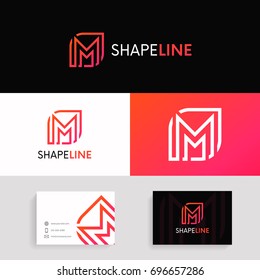 Abstract M letter linear logo company icon sign vector design with brand business card.