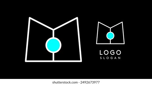 Abstract M letter logo with blue dots. Minimalist linear design, bold and clean letter monogram for corporate branding, tech startups, innovative businesses, and game apps. Vector illustration.