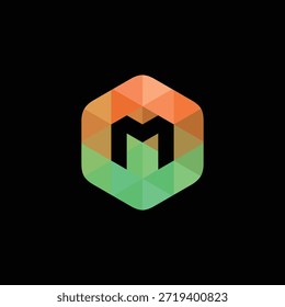 Logotipo Abstractas de la letra M dentro de un hexágono facetado, mostrando un degradado naranja y verde vibrante. Diseño geométrico moderno ideal para identidad de marca digital, tecnológica o creativa