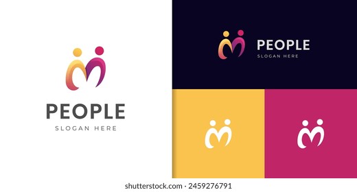 Abstract M letter with people logo icon design for together friendship or partnership vector logo element