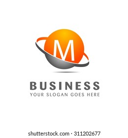 Abstract M letter vector logo icon template. Orange company logo, abstract logo, design element, creative idea. globe logo, planet logo, circle logo, swoosh logo, world logo, silver metal logo,