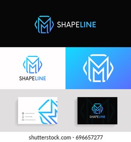 Abstract M logo linear hexagon sign with brand business card vector design.