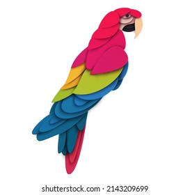 Abstract macaw bird isolated on white background. Creative 3d concept in cartoon craft paper cut style. Colorful minimal design character. Modern geometric vector illustration.