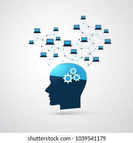 Abstract Machine and Deep Learning, Artificial Intelligence, Cloud Computing and Networks Design Concept with Icons and Human Head