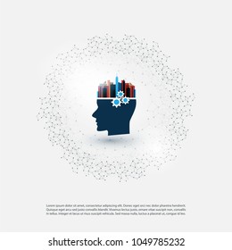 Abstract Machine and Deep Learning, Artificial Intelligence, Cloud Computing, Smart City and Networks Design Concept with Icons and Human Head