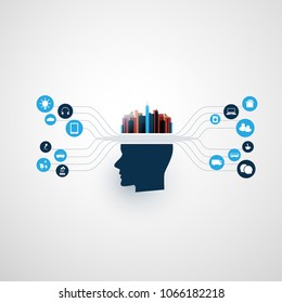 Abstract Machine and Deep Learning, Artificial Intelligence, Cloud Computing, Smart City and Networks Design Concept with Icons and Human Head