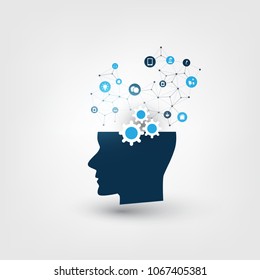 Abstract Machine and Deep Learning, Artificial Intelligence, Cloud Computing and Networks Design Concept with Icons and Human Head