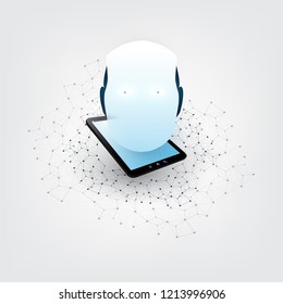Abstract Machine and Deep Learning, Artificial Intelligence, Cloud Computing and Networks Design Concept with Mobile Device and Robot Head