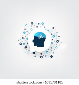 Abstract Machine Learning, Artificial Intelligence, Cloud Computing and Networks Design Concept with Icons and Human Head