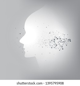 Abstract Machine Learning, Artificial Intelligence, Cloud Computing and Networks Design Concept with Geometric Network Mesh and Human or Robot Head Silhouette