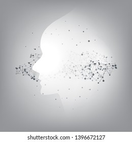 Abstract Machine Learning, Artificial Intelligence, Cloud Computing and Networks Design Concept with Geometric Network Mesh and Human or Robot Head Silhouette