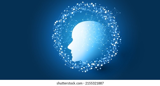 Abstract Machine Learning, Artificial Intelligence, Cloud Computing And Networks Design Concept With Human Or Robot Head Silhouette And Circular Wireframe Mesh, Glowing Nodes Around